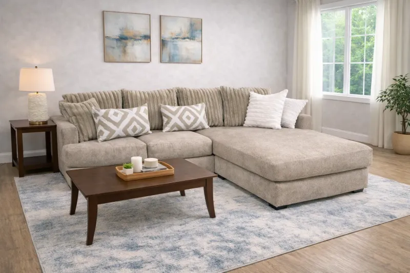 Beige Corduroy Sectional with Ottoman