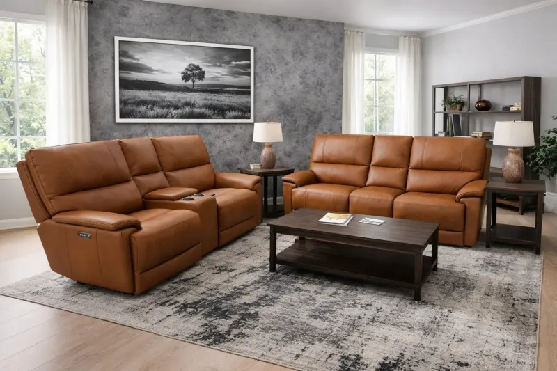 Caramel Leather Power Sofa and Loveseat