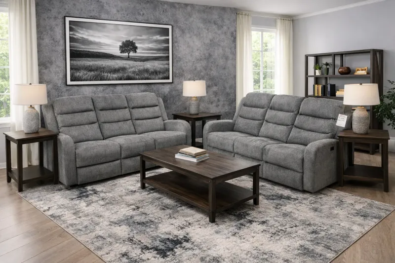 Dark Grey Reclining Sofa and Loveseat